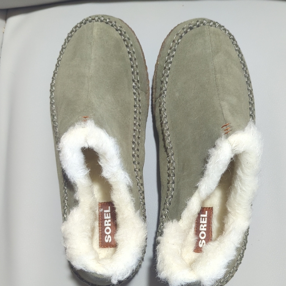 Sorel Olive Suede Slippers with Plush White Lining
